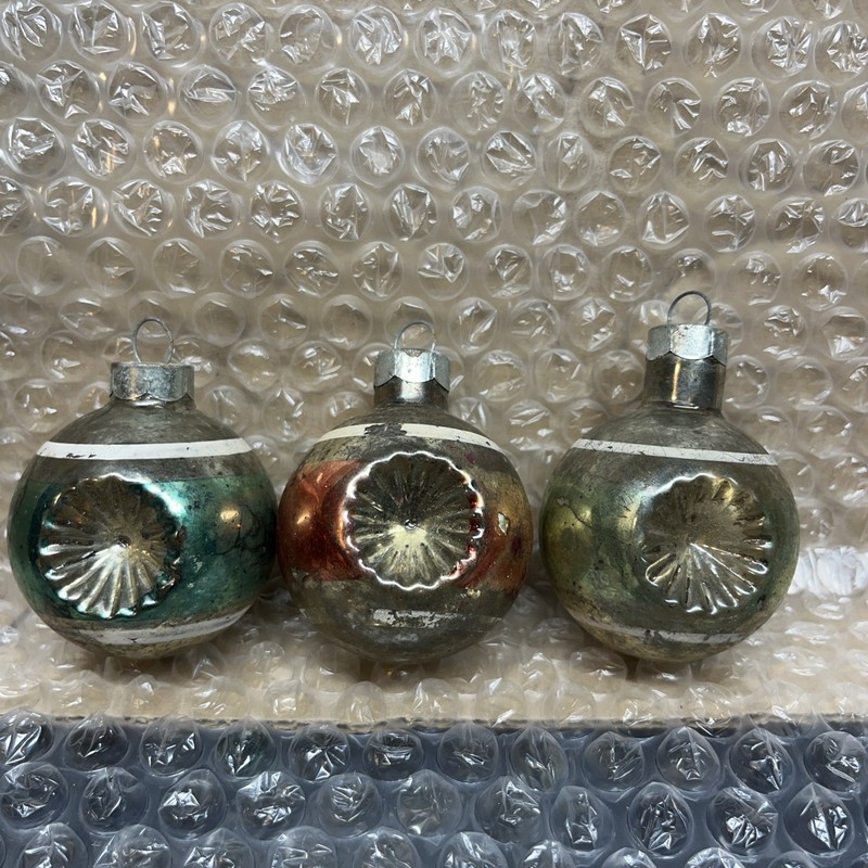 3 Vintage George Franke Glass Christmas Ornament 40s “Made US Of A” on cap