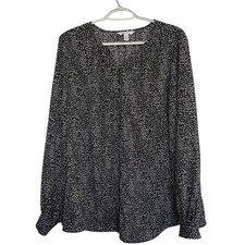 Nine West Womens XXL Black White Animal Print Split V-Neck Long Sleeve Blouse