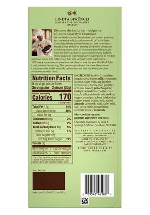 ⭐️ Lindt Dubai Style Chocolate Bar (5.3 oz/150g), Delicious Pistachio & Kadayif