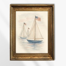Patriotic Sailboat Wall Art, Americana Coastal Nautical Print Decor