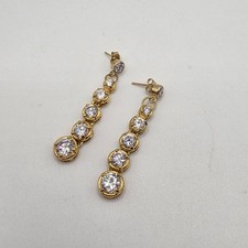 Sterling Silver 925 Graduated Large 1.7" Drop Dangle CZ Goldwashed Earrings