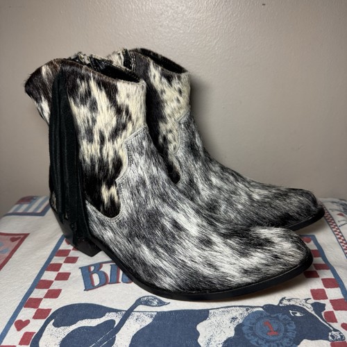 Agave Sky Boots Women Size 6.5 Black White Cowhide Fringe Ankle Western Handmade