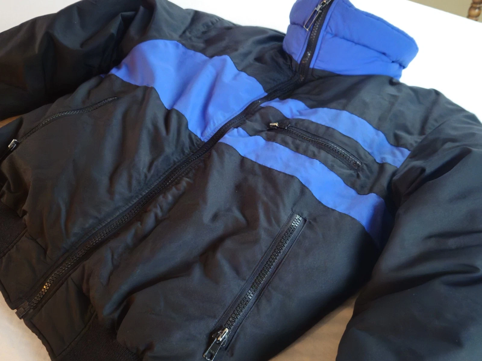 Herman's Jacket Goose Down & Feather Filled Black Blue Large Vtg Retro 80's 90's