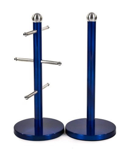 SET OF 2 KITCHEN TOWEL POLE ROLL HOLDER 6 CUP MUG TREE METALLIC STAINLESS STEEL - Picture 8 of 12
