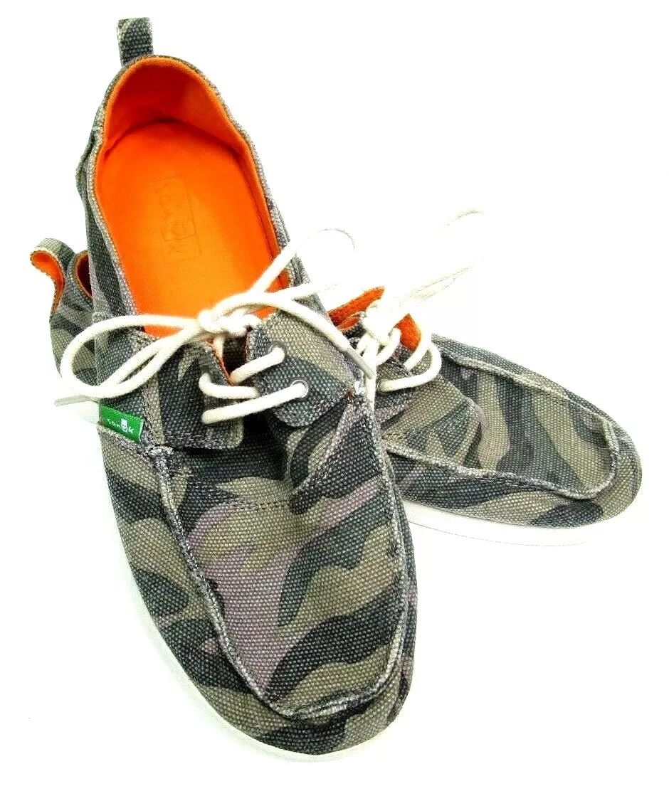 Sanuk Mens 6 Camo Oxford Boat Shoe Green Orange Lace Up Canvas Casual Beach  Pool