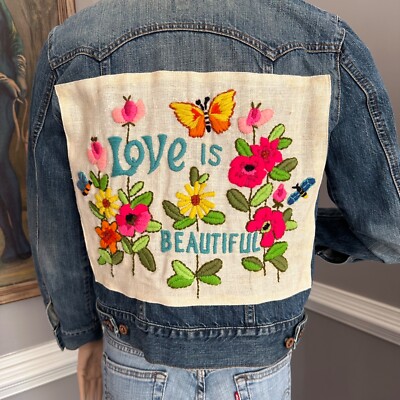 Vintage Y2K Denim Jacket Embroidered Hippie Sampler Patch Up-cycled Jean S 