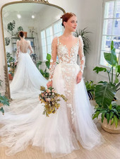 Boho Mermaid Wedding Dresses With Detachable Train Bridal Gowns Applique Tulle