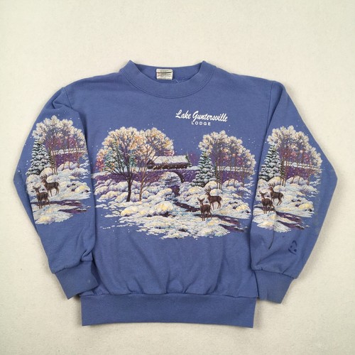 Vintage Winter Sweatshirt Size Youth Medium Purple Crewneck AOP Snow Trees Deer