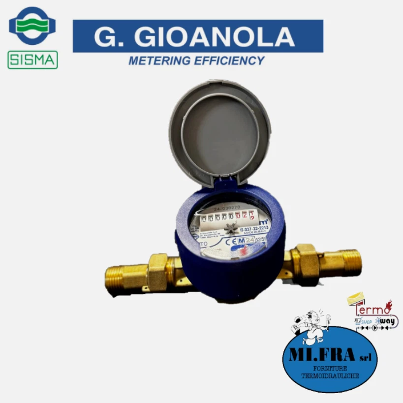 Gioanola Contatore Acqua 1/2' Quadrante Asciutto BLU C/Coperchio C/Raccordi - Immagine 3 di 4