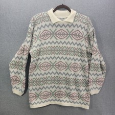 Vintage Size L Grandma Cottage Core USA Made Pastel Striped Knit Polo Sweater