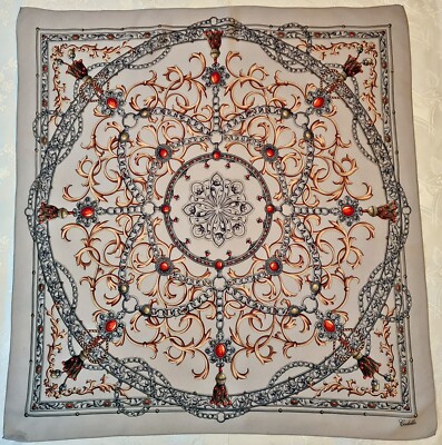 SCARF VINTAGE AUTHENTIC CODELLO BAROQUE JEWELRY ART GRAY BROWN SILK 34'' SQUARE