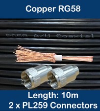 10m Copper Black RG58 50 Ohm Coaxial Cable 2 x PL259 UHF CB Radio Ham Aerial