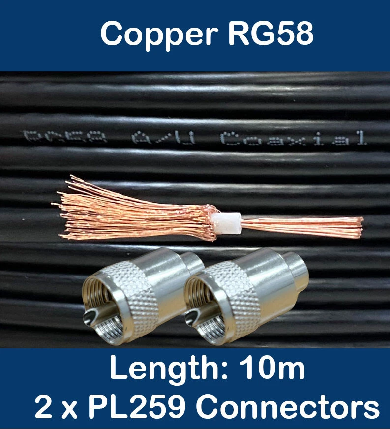 10m Copper Black RG58 50 Ohm Coaxial Cable 2 x PL259 UHF CB Radio Ham Aerial