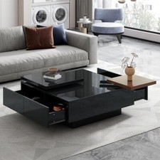 Movable Top Coffee Table, High Gloss Adjustable Center Table w/4 Hidden Drawers