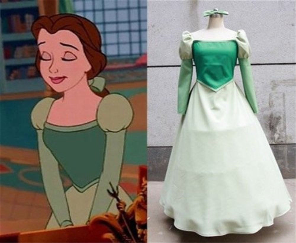 belle's green dress beauty and the beast NEW!Beauty Belle Cosplay Costume Halloween Outfit Haris Shakeel