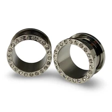 Pair of Steel Screw on CZ Gem Tunnels set gauges plugs PICK SIZE