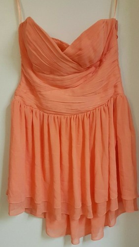 BNWT Love Label Peach Coral Chiffon Strapless Bandeau Dip Hem Dress Size 12 - Picture 2 of 3