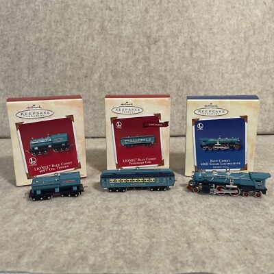 Hallmark Set Of 3 Lionel Train Ornaments Blue Comet