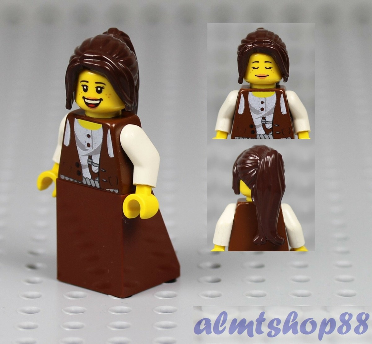 LEGO Female Minifigure Brown Dress Dark Brown Ponytail Hair