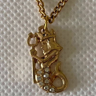 Necklace Gold Tone Neptune Charm with Rhinestones on Gold Tone Chain 18''