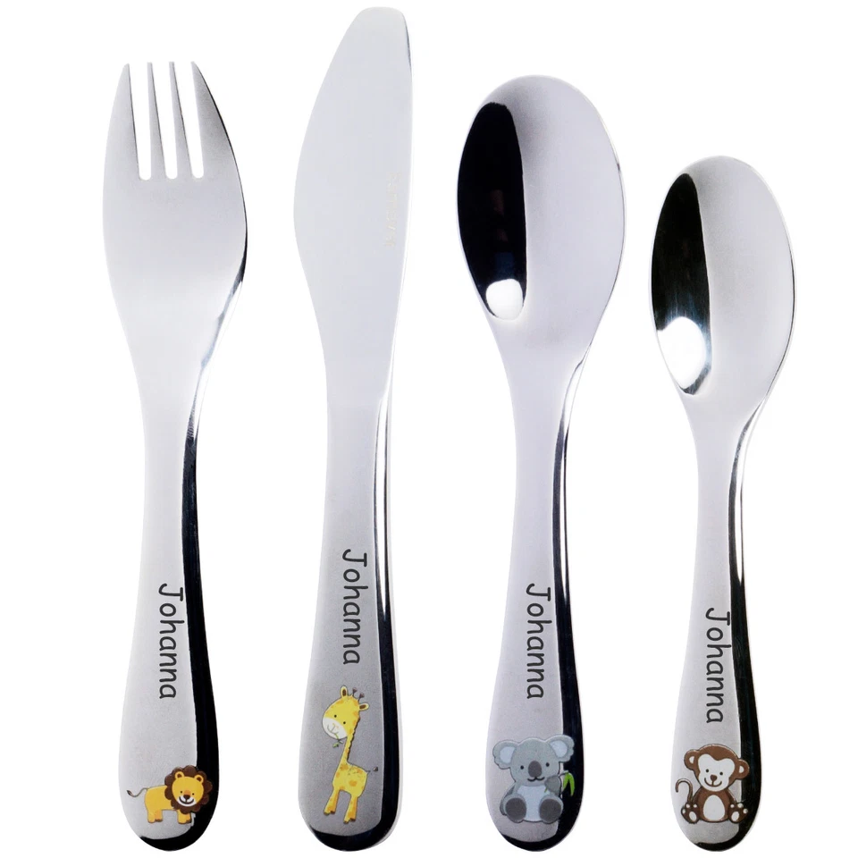Kinderbesteck SUNNY Tiere - Löwe Koala Giraffe Affe - mit Gravur personalisiert