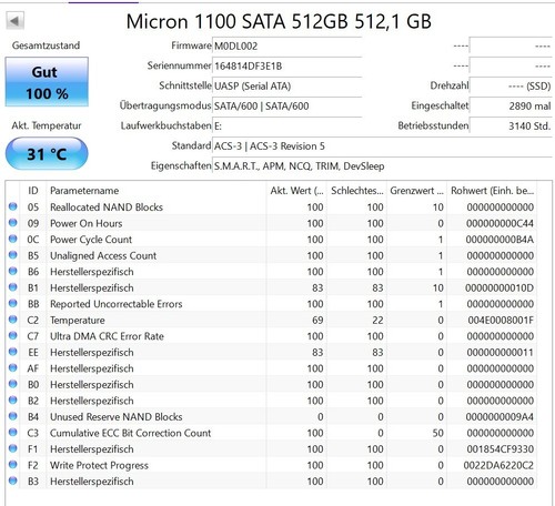 100% 512GB Micron 1100 SATA SSD Festplatte m.2 2280 0YGH36 MTFDDAV512TBN - Bild 2 von 2