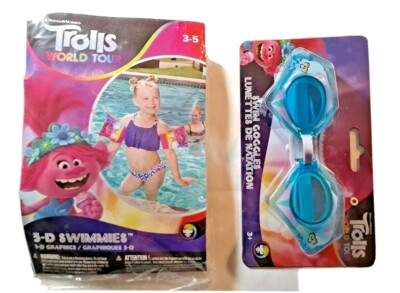 Trolls World Tour Bundle- 3 D Swimmies Inflatable & Swim Goggles NWT Purple,Blue