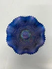 Vtg Antique Northwood Embroidered Mums Purple Blue Carnival Glass Bowl Ruffled