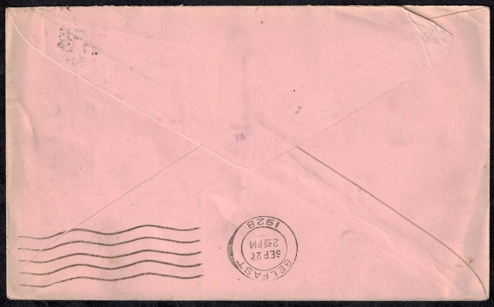 Great Britain 1928 Flying Boat Cacheted Pink Cover w/ 2 1/2d & Belfast Backstamp - Image 3 of 3