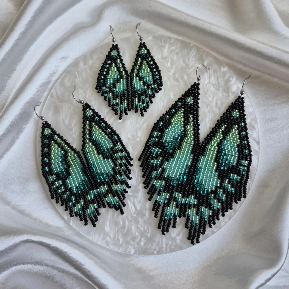 Green Butterfly Wings Boho Handmade Beaded Fringe Earrings - Image 2 of 4