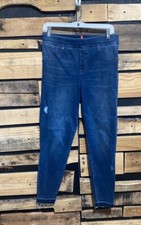 SPANX DISTRESSED ANKLE SKINNY Sz Large Medium Wash Shaping Raw Hem Jeans