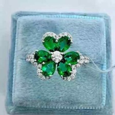 2Ct Pear CutNatural Green Emerald Engagement Women's Ring 14k White Gold Plated