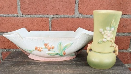 Roseville Apple Blossom Vase + Bittersweet Console Bowl, Vintage Art Pottery