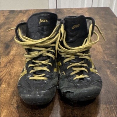 ASICS Dan Gable Black Yellow Wrestling Shoes Leather Upper Size 11 44 28.0 cm
