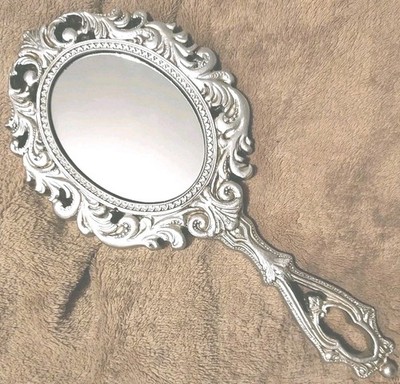 Vintage Hand Or Wall Mirror, Silver Resin Ornate Victorian Style Handheld Mirror