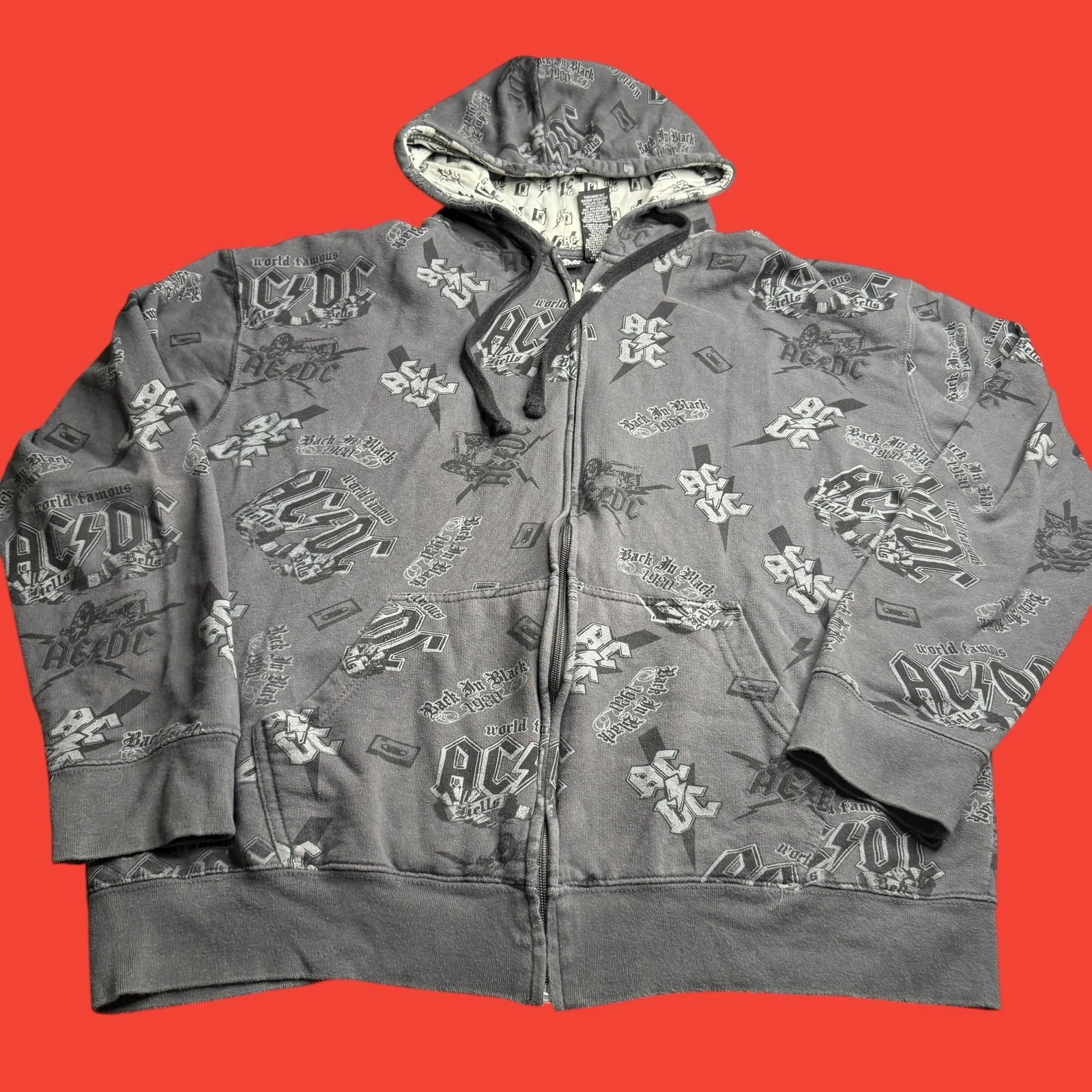 AC/DC Mens XL Rockware Gray Full Zip Hoodie Jacket Y2K AOP Rock Band Grunge image 1