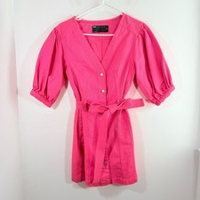 ASOS Design Bright Pink Denim Button Front Belted Puff Sleeve Mini Dress 2
