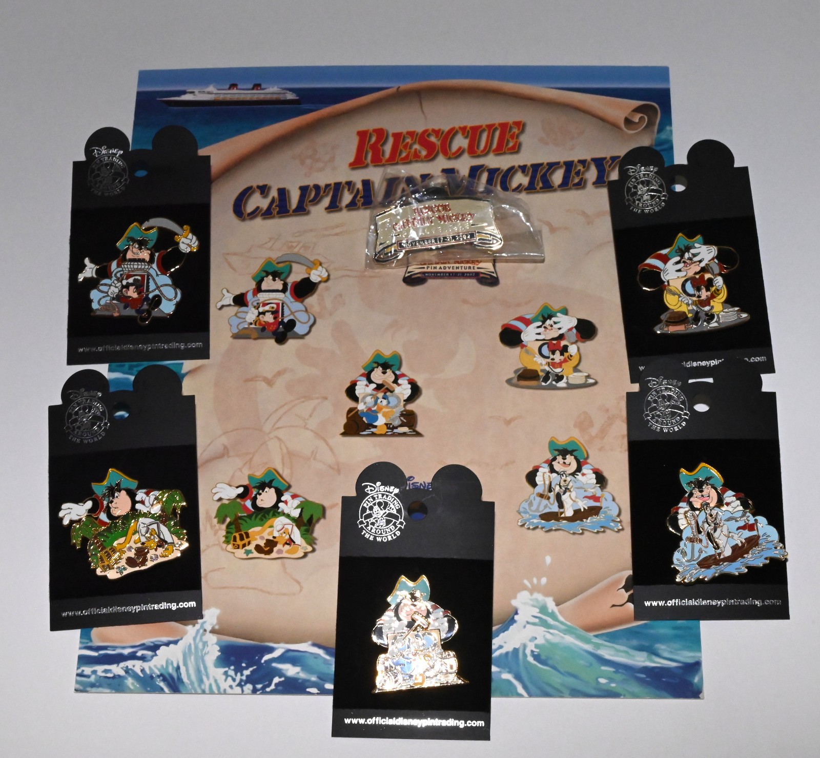 Disney Cruise Rescue Captain Mickey 6 Pins with Map & Completer Pin 2002