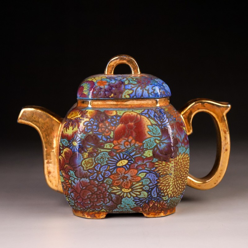 Chinese Antique Style Cloisonne Enamel Square Teapot Gilt Handle