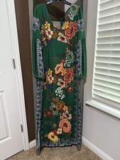 Farm Rio Anthropologie Verdor Maxi Dress Floral Long Sleeve Emerald Green Size M