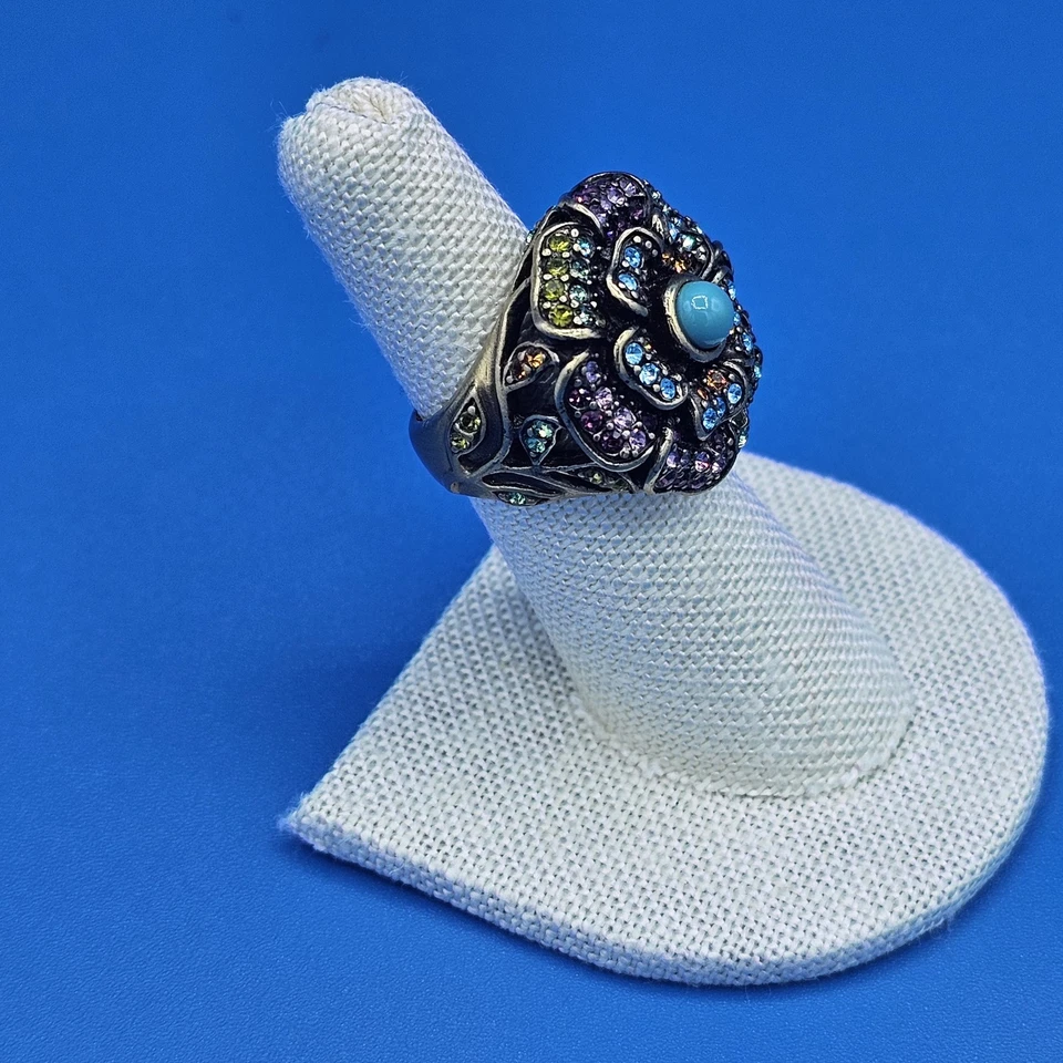 Heidi Daus Swarovski Crystals Faux Turquoise Flower Statement 6 Cocktail Ring - Image 3 of 4