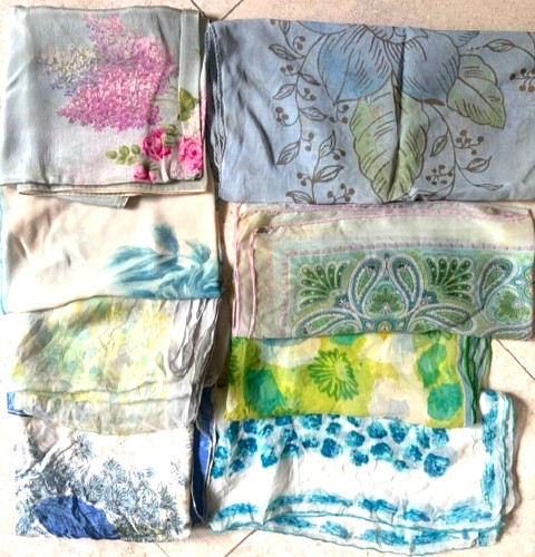 VINTAGE LOT of 8  BLUE & GREEN FLORAL 1950s-160s SCARVES Silk Rayon Crafts
