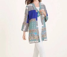 CHICO S Blue Patchwork 100 Linen Duster Jacket Kimono 1 8/10 Artsy Boho
