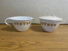 3PC CORELLE BUTTERFLY GOLD GLASS CREAMER CREAM & SUGAR BOWL SET w/ LID VTG