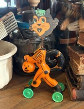 Vintage 1950s Rosen Rosbro Halloween Cat & Jack-O-Lantern on wheels Toy Pumpkin