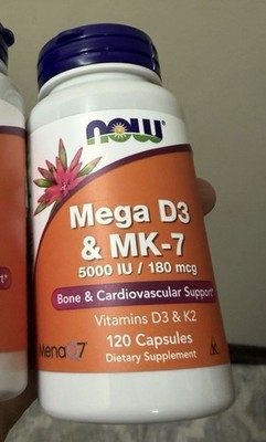 NOW Supplements, Mega D-3 & MK-7 5000 IU / 180 mcg Vitamins K2 & D3 120 Capsules