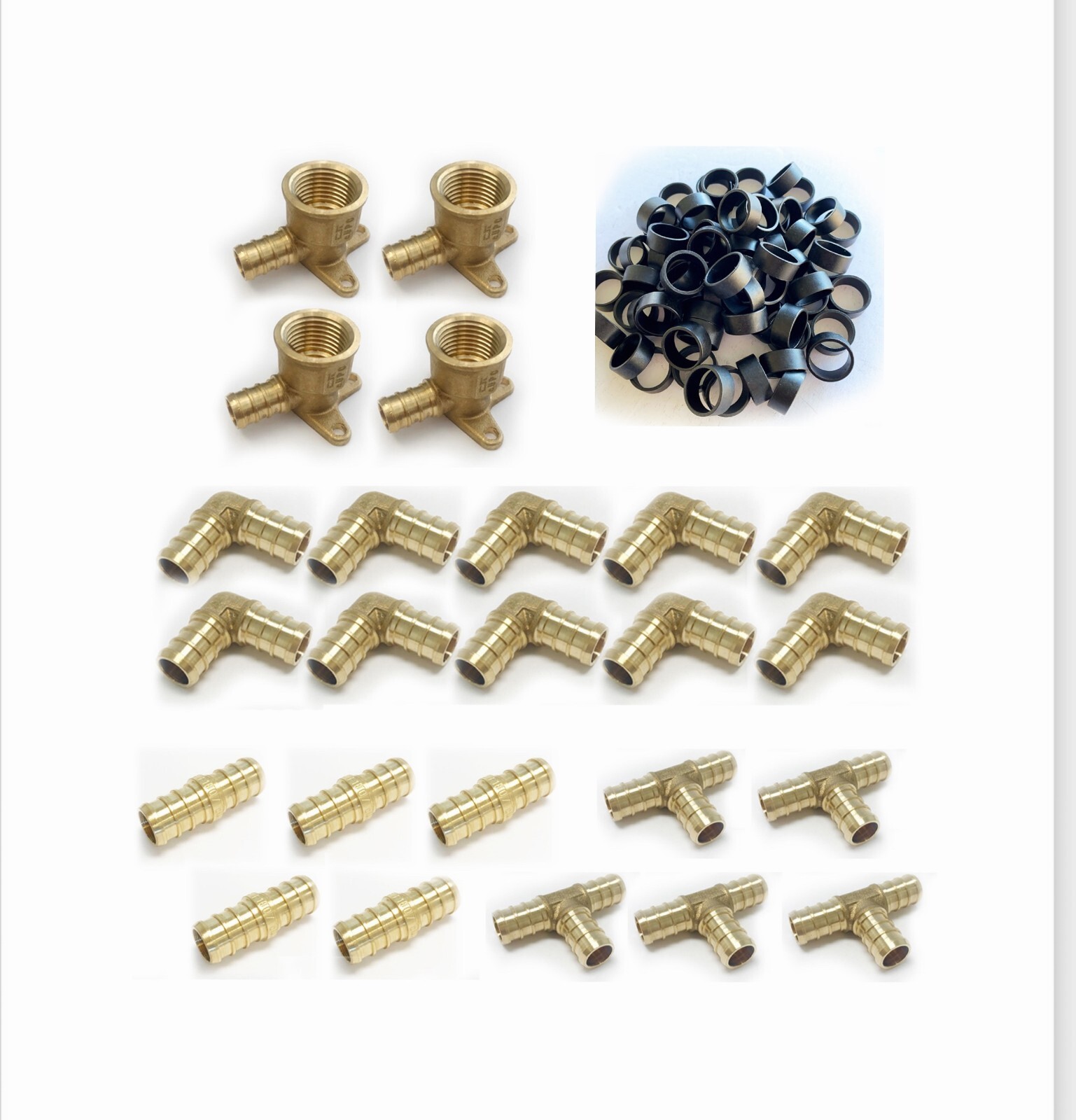 74PCS EFIELD 1/2" Pex Barb Crimp Brass Fitting: Drop-ear,Tee Elbow Coupler,Rings