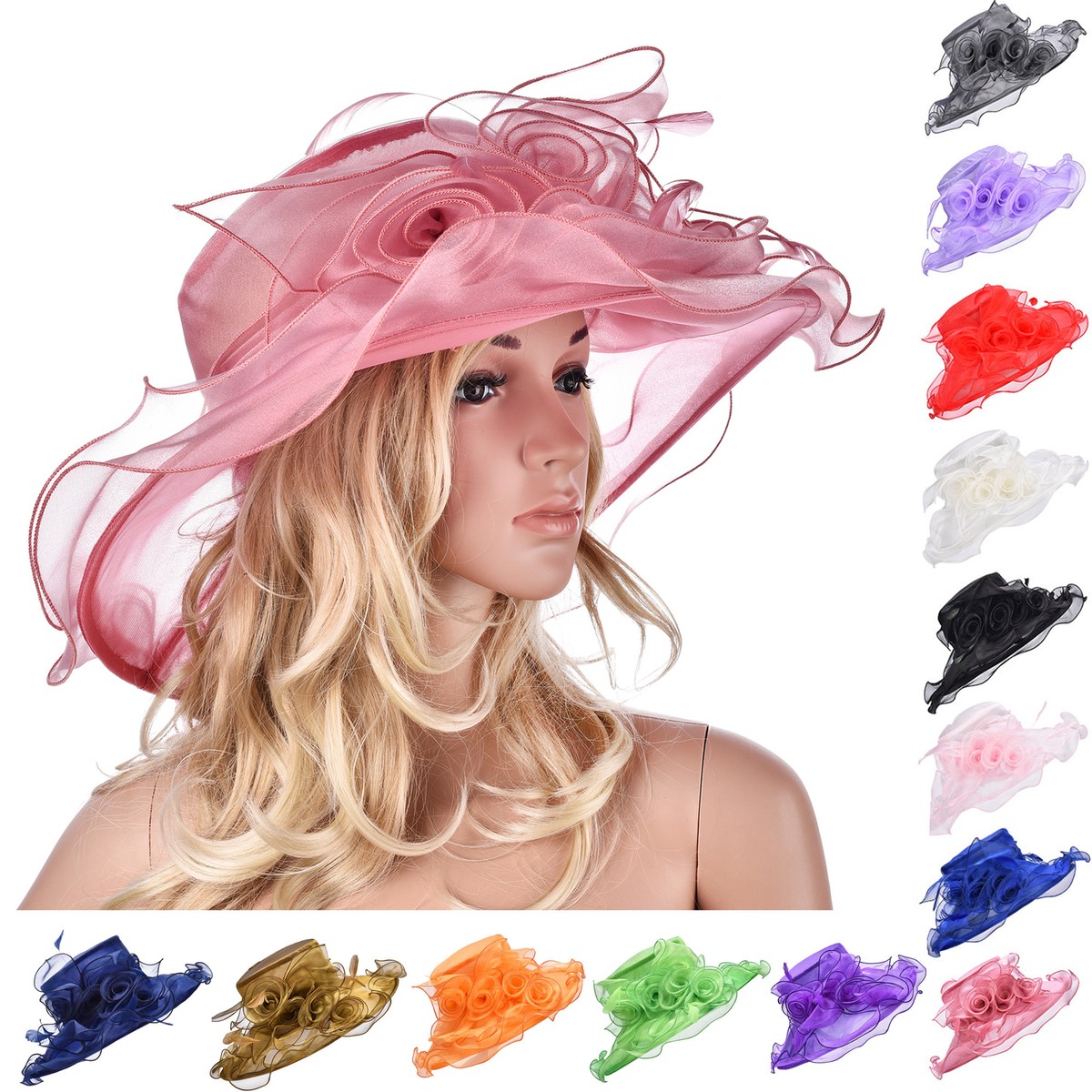 Kentucky Derby Hat Pink Orange & Blue Women\'s Wide Brim Organza Floral Feathers ELEGANT KENTUCKY DERBY ORGANZA FLORAL FLAT TOP HAT MEZ2597  main image 4