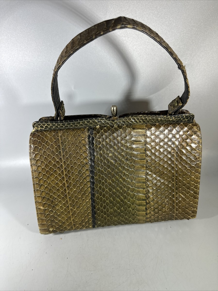 Vintage 1940-50’s Snakeskin Green Tan Hand Bag Purse Clutch