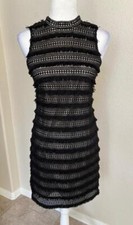 J.CREW womens 00 black sleeveless lace fringe knee length party dress hi neck